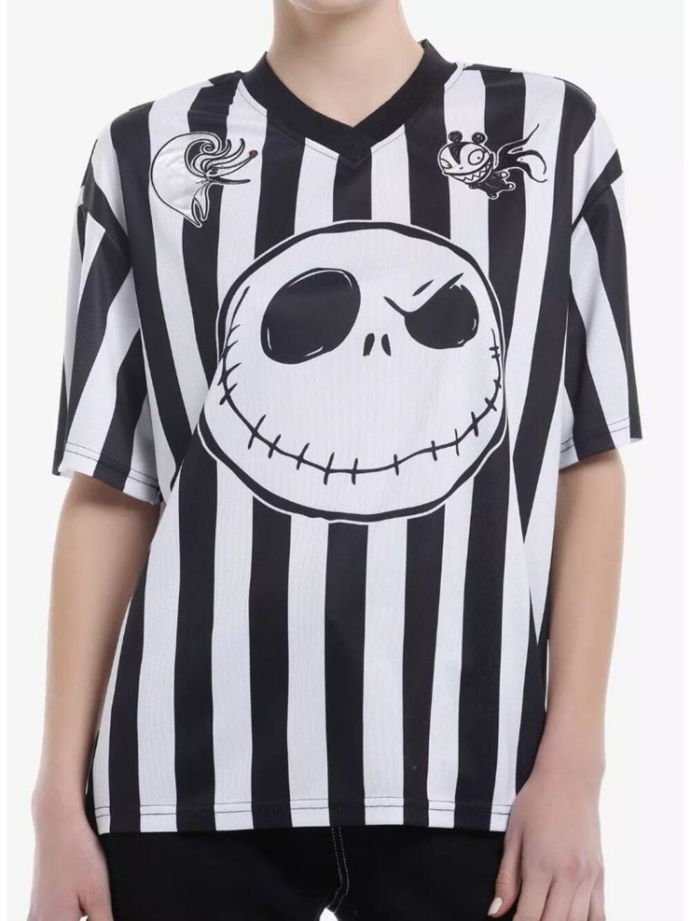 Nightmare Before Christmas Jack Skellington Striped Graphic Jersey Shirt - Black